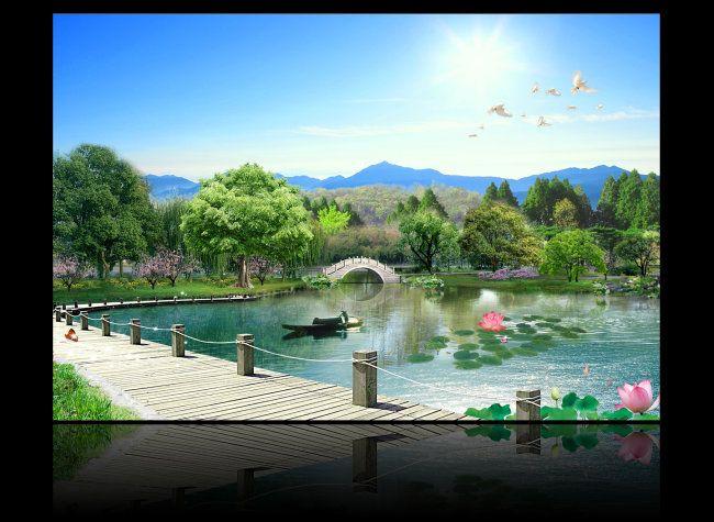 湖边山水风景画