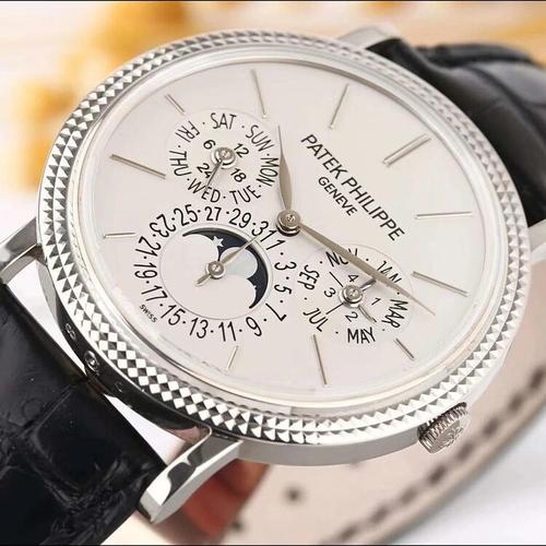 patek philippe百达翡丽万年历18k白金自动机械男表