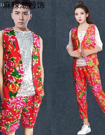 新品二人转演出服男搞笑大花布衣服民族风女短袖年会小品舞蹈表演服装