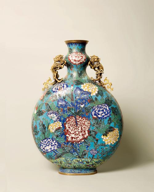 掐丝珐琅花卉纹双龙耳抱月瓶