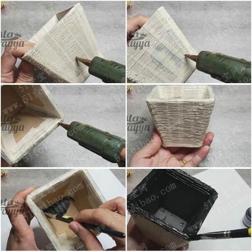 硬纸板手工制作创意diy装饰金色木纹花盆