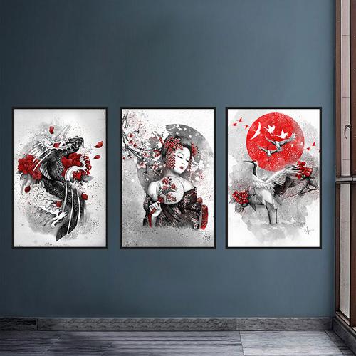 日式挂画和风日本纹身刺青店墙面装饰画艺妓锦鲤仙鹤图案餐厅壁画