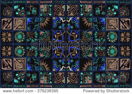 hand paint of watercolor tiled oriental repeating pattern.