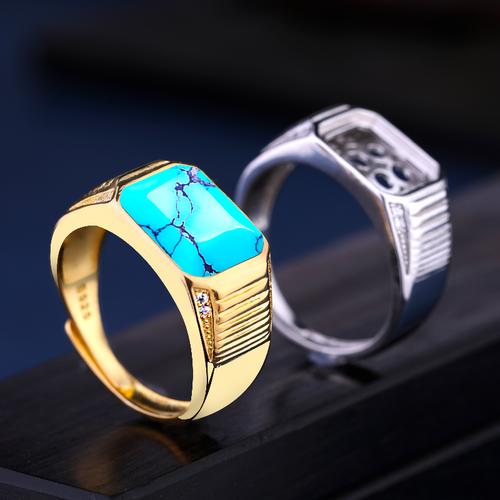 s925纯银戒指空托男士戒托镶嵌绿松石蜜蜡开口方戒托1012