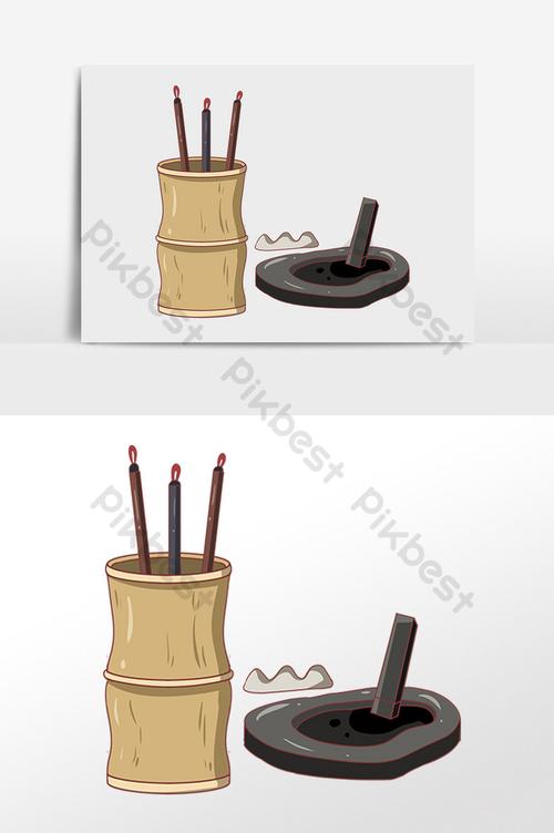 手绘古代国学教育毛笔研磨插画