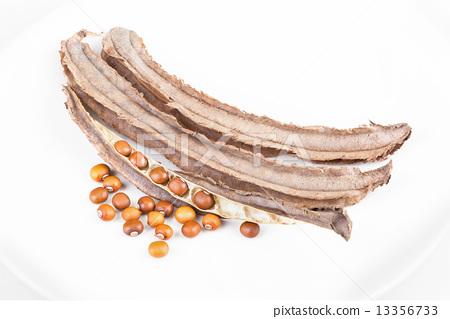 图库照片: dried winged bean seed and bean pod on white dish