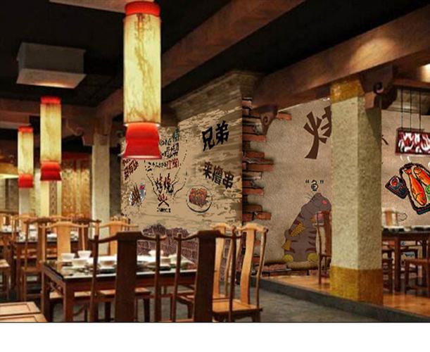 烤肉墙纸怀旧复古 涂鸦餐厅背景墙烧烤店 火锅店装修饭店壁纸壁画