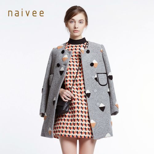 naivee/纳薇2015冬专柜新品双面呢格子中长大衣女159220269