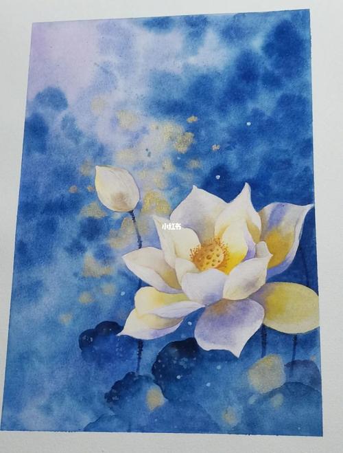 荷花_荷花_水彩画_蓝色系_水彩_人文_绘画