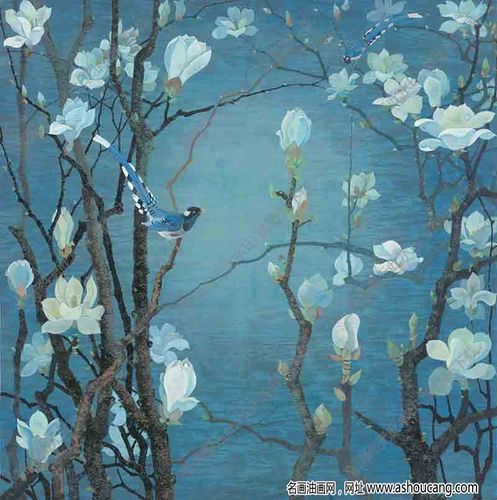 袁运甫 名画《玉兰花开》高清大图3下载-名画油画网