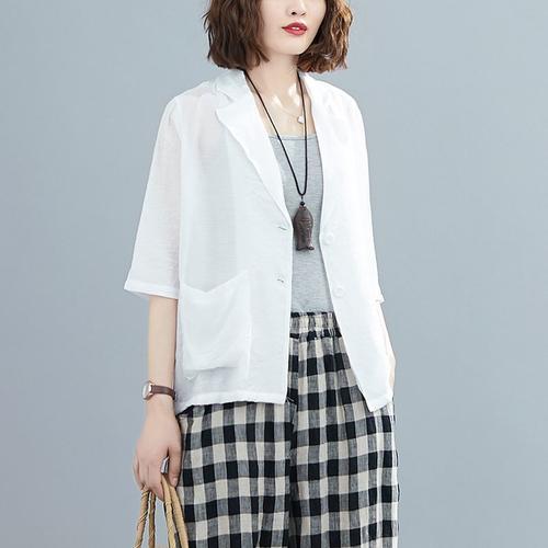 大量现货2021新款薄款亚麻西服女五分袖休闲棉麻小西装大码外套