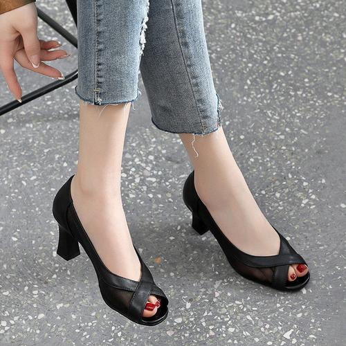 凉鞋2021年新款真皮时尚尚鱼嘴鞋网纱单鞋夏季时装凉鞋