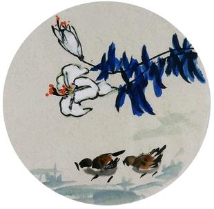 国画花鸟团扇圆形小品麻雀饰画新品直径33i082006无款手绘字画装