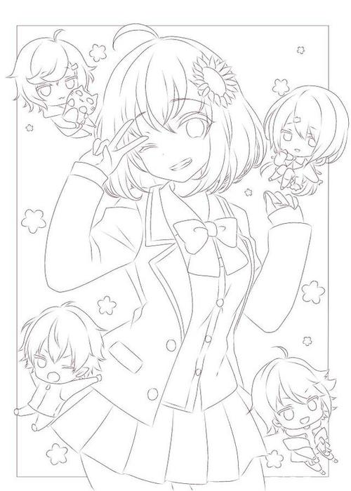 二次元动漫女生涂色线稿