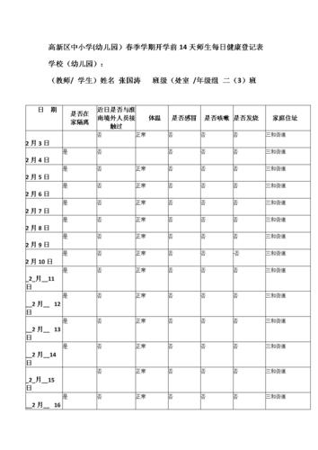 高新区中小学春季学期开学前14天师生每日健康记录数据登记表docx2页