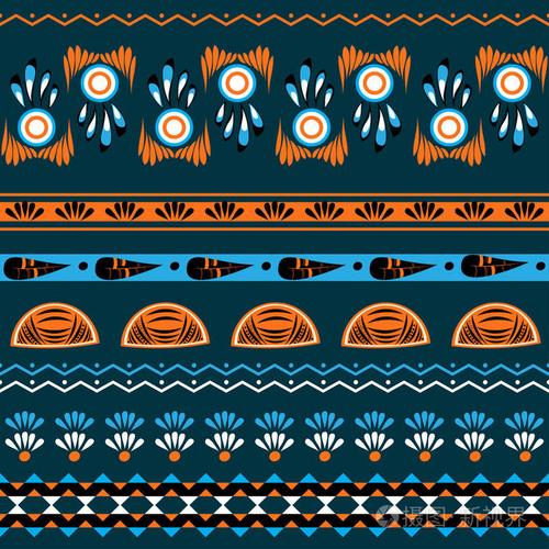 民族波西米亚风格别致的风格无缝模式与抽象点缀在蓝色和橘子的颜色.