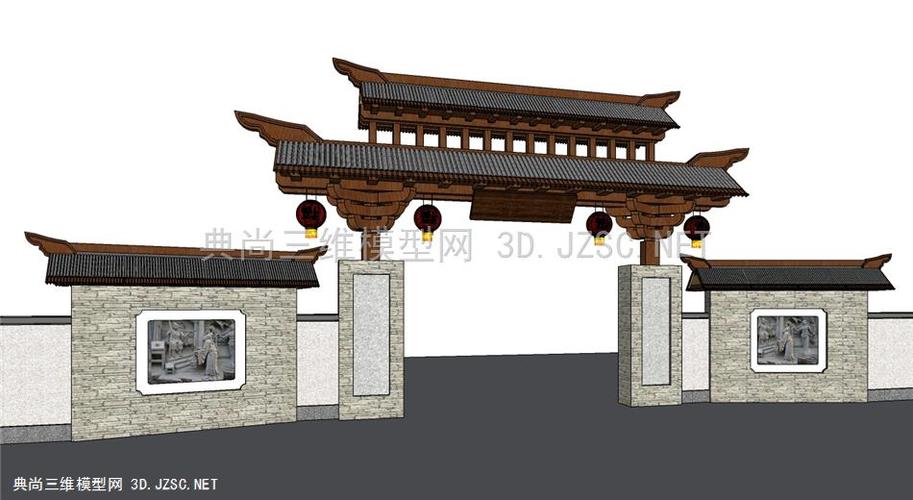 中式景区公园入口大门景观门楼景墙su模型