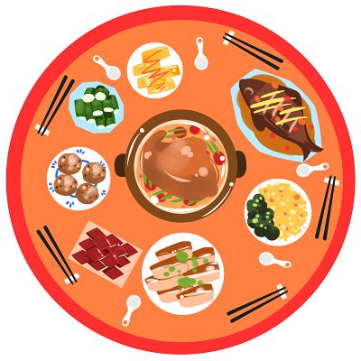 除夕插画卡通手绘风家人团圆年夜饭新年春节插画素材