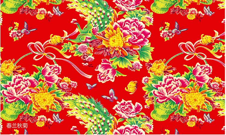 喜杰良缘红色春兰秋菊全棉四件套东北大花布被面加厚被里压双线款
