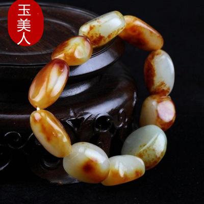 新疆天然和田玉籽料手串原石手链玉石红泌皮白玉手链男女款送证书