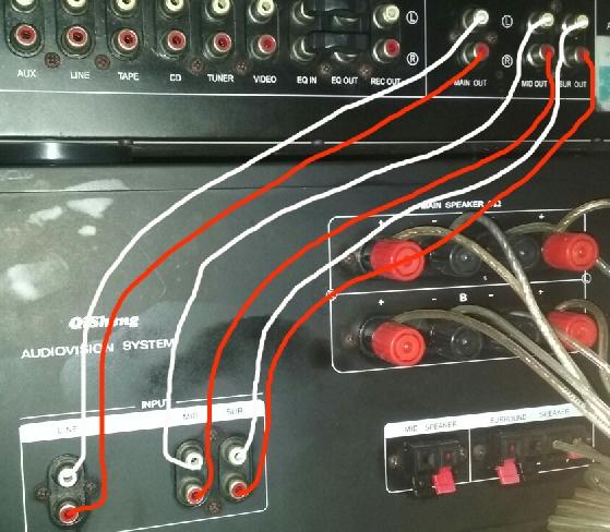 请问大家上面台功放机应该怎么连接下面台均衡器?