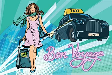 男人亚洲人美女拉着行李乘坐出租车去旅行插画