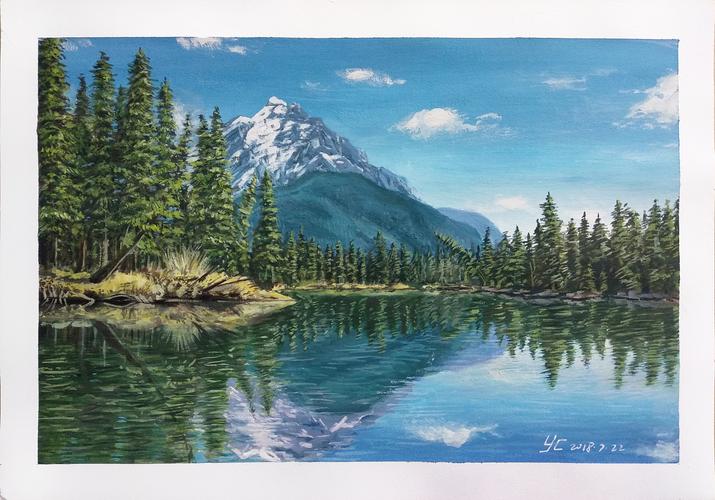 水粉画风景-湖泊