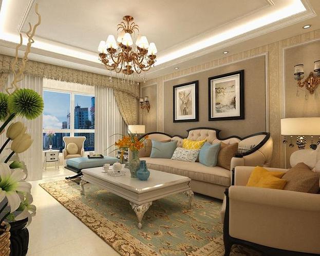 客厅效果图,通过大吊灯,背景墙和地毯,配合着沙发,典雅细致.