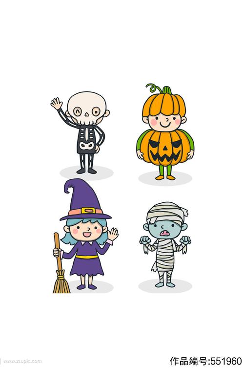 4款可爱万圣节装扮儿童设计矢量素材