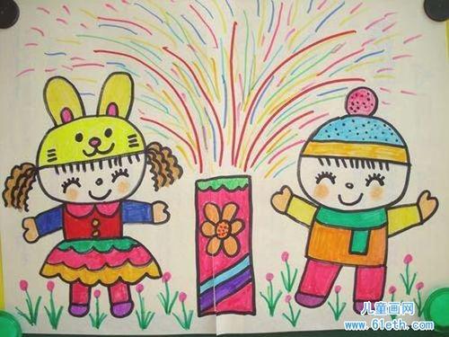 春节简笔画小孩放烟花