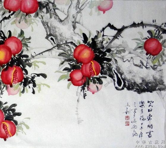 当代实力画家---四尺石榴--多子多福,笑口常开137x68cm