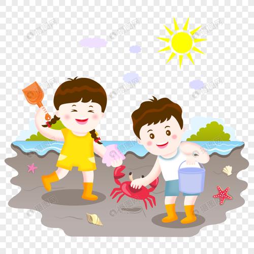 夏季海滩边抓螃蟹儿童插画