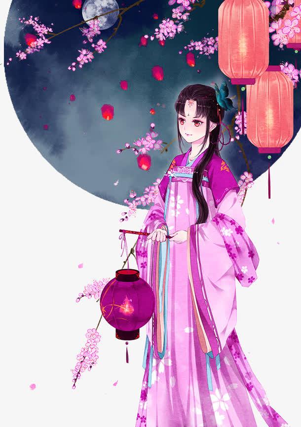 好月圆,落花,唯美中国风插画免抠png元素,水彩风插画,中秋节,古代女孩