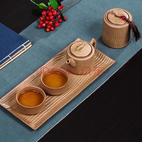 陶瓷快客杯 陶瓷茶壶茶杯茶盘整套礼盒装 5头浅棕色年轮茶具套装