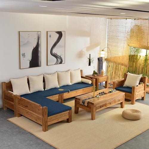 客厅组合全布艺木质中式老榆木沙发