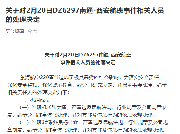 东海航空通报机长乘务长机上互殴处理决定终身停飞