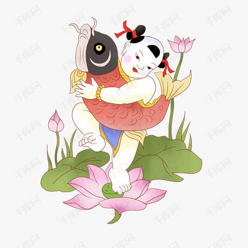 中国风的抱着鱼的吉祥娃娃