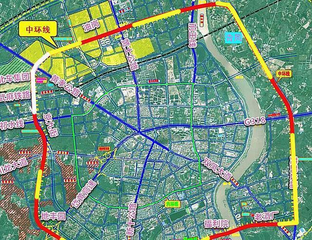 下图为前川中环线线路图,图上红色部分为高架段,黄色部分为地面段