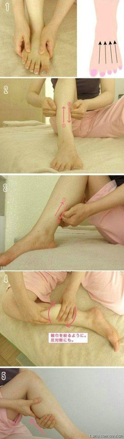 握紧拳头在小腿跟腱部位,上下按摩10次;4.