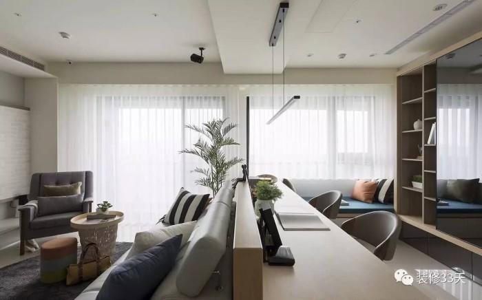 如果沙发背后是开放书房,长条书桌和沙发背靠背