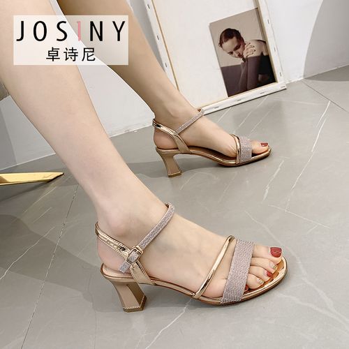 卓诗尼凉鞋女2021新款露趾粗跟高跟亮晶晶bulin性感