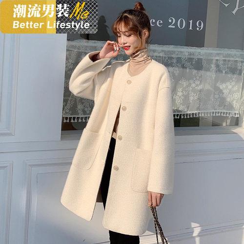 eddieeva呢子大衣女小个子20流行新款冬韩版宽松百搭赫本风无领毛呢