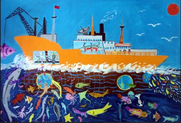 儿童科幻画作品:超级捕鱼船