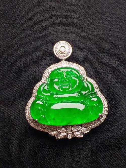 新品豪华绿色坐佛吊坠18k金伴钻石镶嵌a货翡翠,种好色