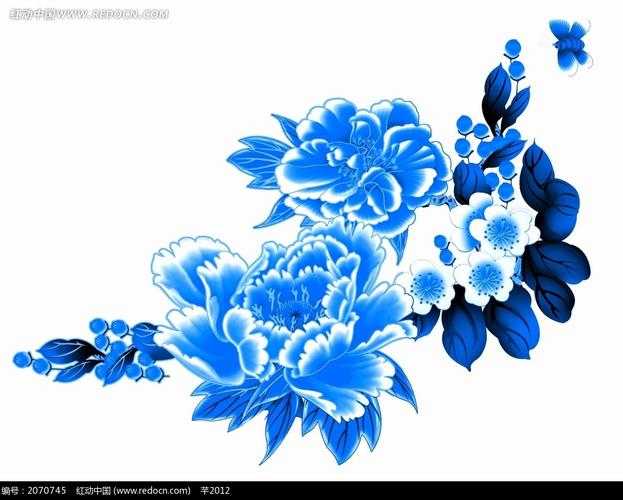 蓝色工笔画—蓝色叶子和美丽的牡丹花以及蝴蝶psd素材