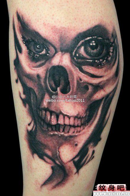 小腿立体骷髅纹身图片