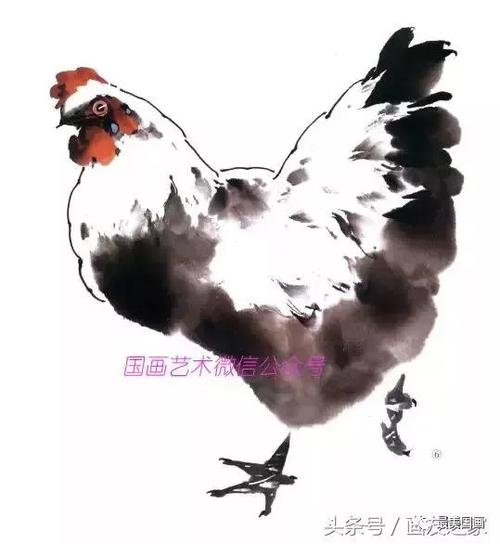 4.不同动态的母鸡5.小鸡的画法步骤一:侧锋点写头部,笔稍转半圆.