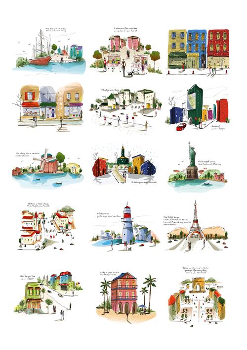 手账贴纸小清新水彩城市建筑房子贴纸 手帐日记相册笔记本装饰贴