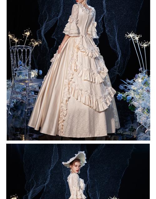 欧式宫廷礼服演出服女中世纪贵族服装新款香槟蕾丝公主宫廷礼服年会