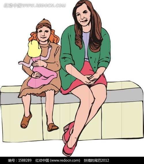 坐着的妈妈和抱着布娃娃的女儿
